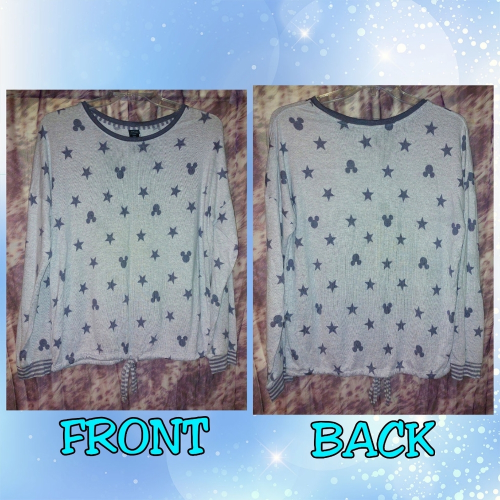 Disney Heather & Dk Gray Stars/Mickey Mouse Head Super Soft Knit Lounge Top Sz L - Picture 2 of 7